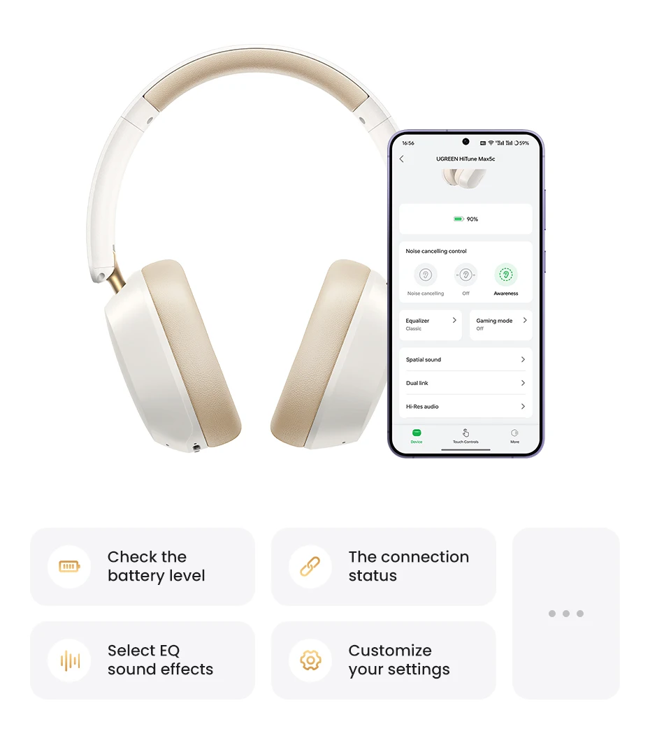UGREEN-auriculares inalámbricos Max5c con Bluetooth, dispositivo híbrido con cancelación activa de ruido, alta resolución, LDAC, 75H de Audio espacial, 43dB UGREEN-auriculares inalámbricos Max5c con Bluetooth, dispositivo híbrido con cancelación activa de ruido, alta resolución, LDAC, 75H de Audio espacial, 43dB