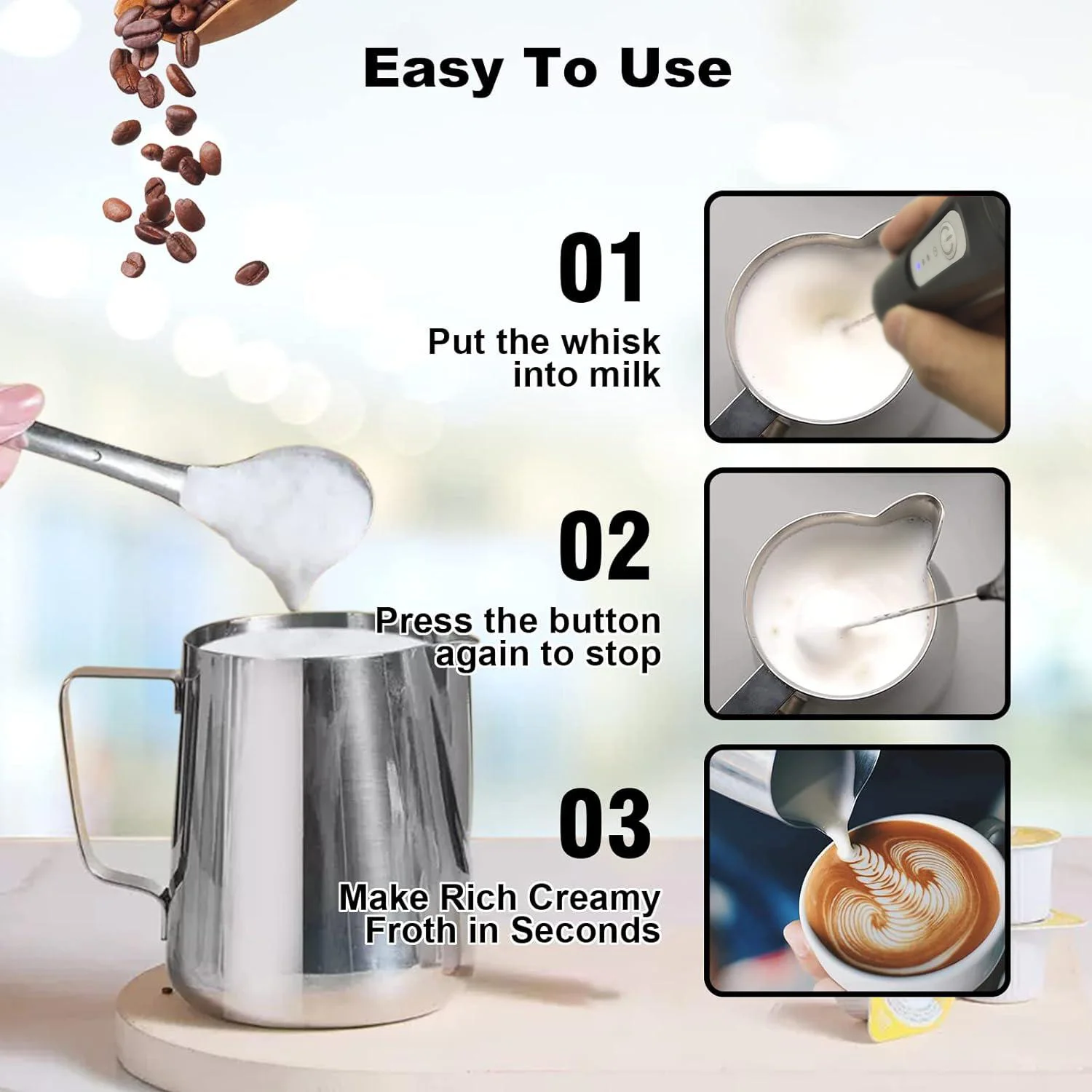 Mini Espumador de leche recargable por USB, máquina de espuma de 3 velocidades, batidor de café, batidor de huevos Mini Espumador de leche recargable por USB, máquina de espuma de 3 velocidades, batidor de café, batidor de huevos