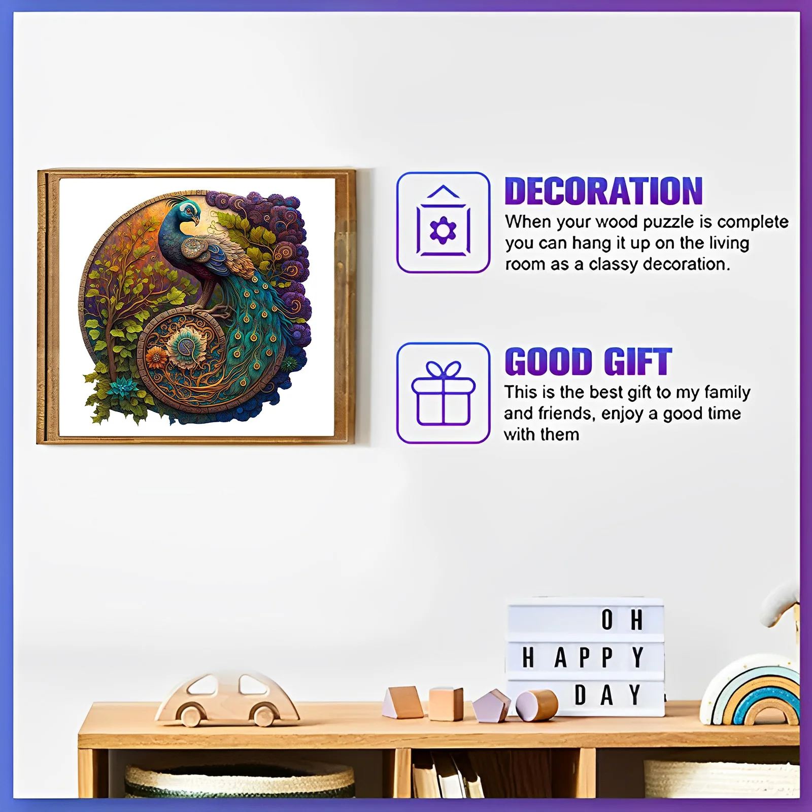Rompecabezas redondo de madera de pavo real, juguete, decoración para casa y oficina Rompecabezas redondo de madera de pavo real, juguete, decoración para casa y oficina